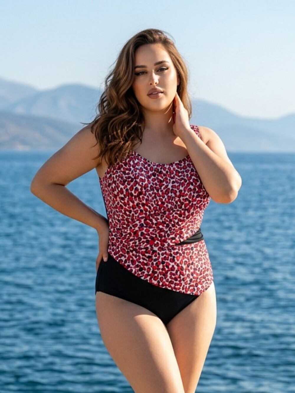 NWT Sonnet Shores One-Piece Swimsuit Red Black Leopard Print Full Coverage S 22W